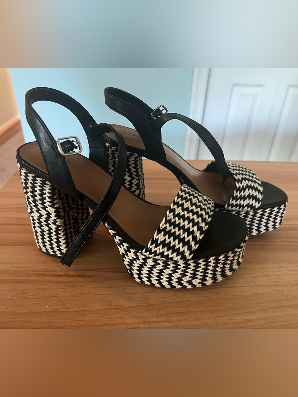 Black and White Woven Platform Sandals - Women's Slingback Heels